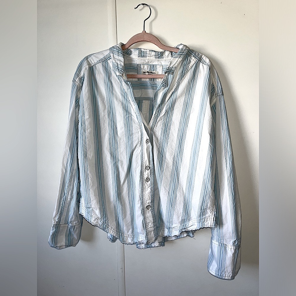 Free People Striped Button-Front Blouse in White and Light Blue